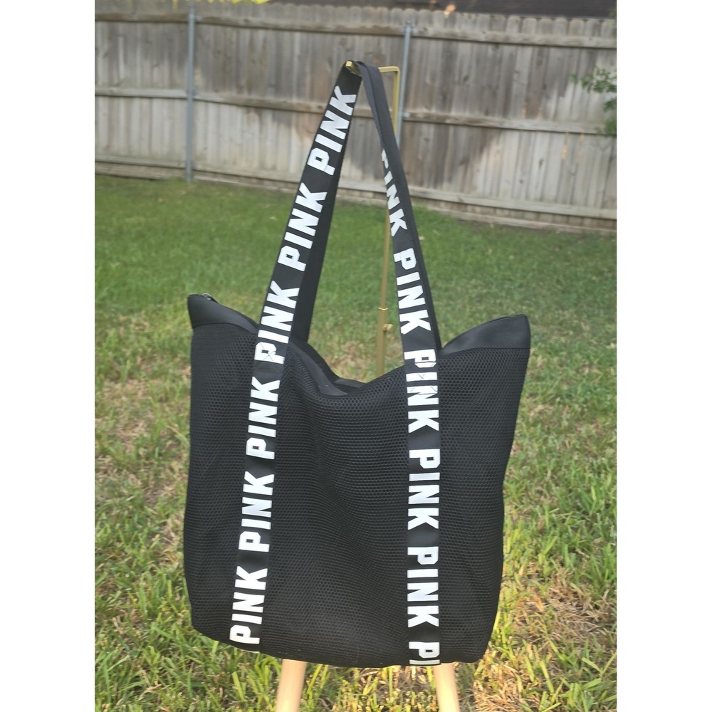 Victoria's Secret PINK Black Logo Mesh Tote Bag Travel Shoulder Handbag
